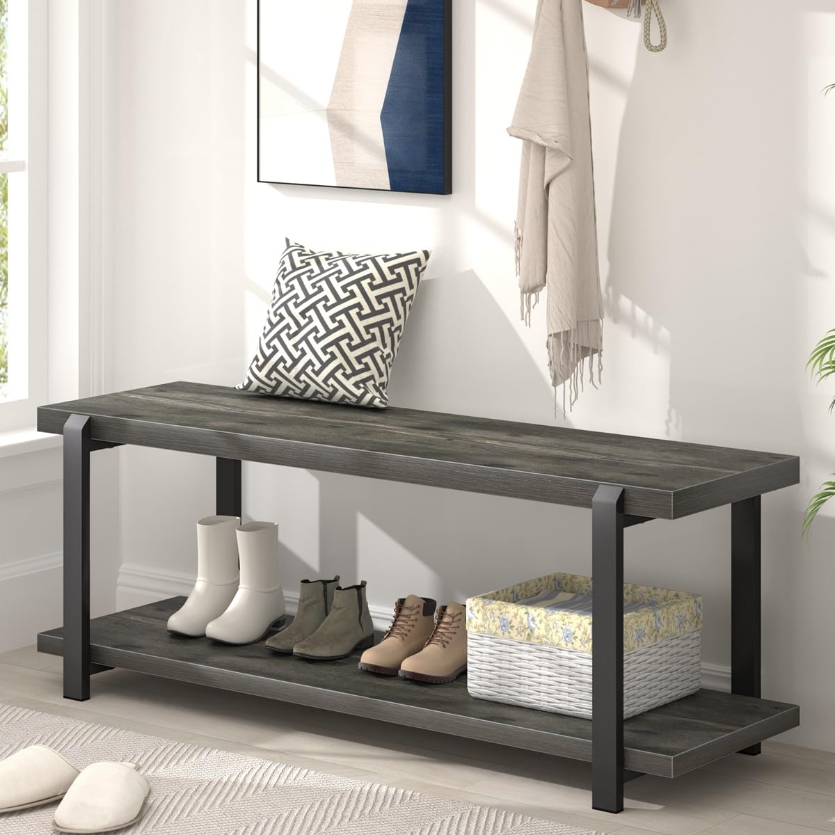 Industrial Entryway Bench with Storage, Rustic Wood and Metal Shoe Rack Bench Seat, 47 Inch Grey