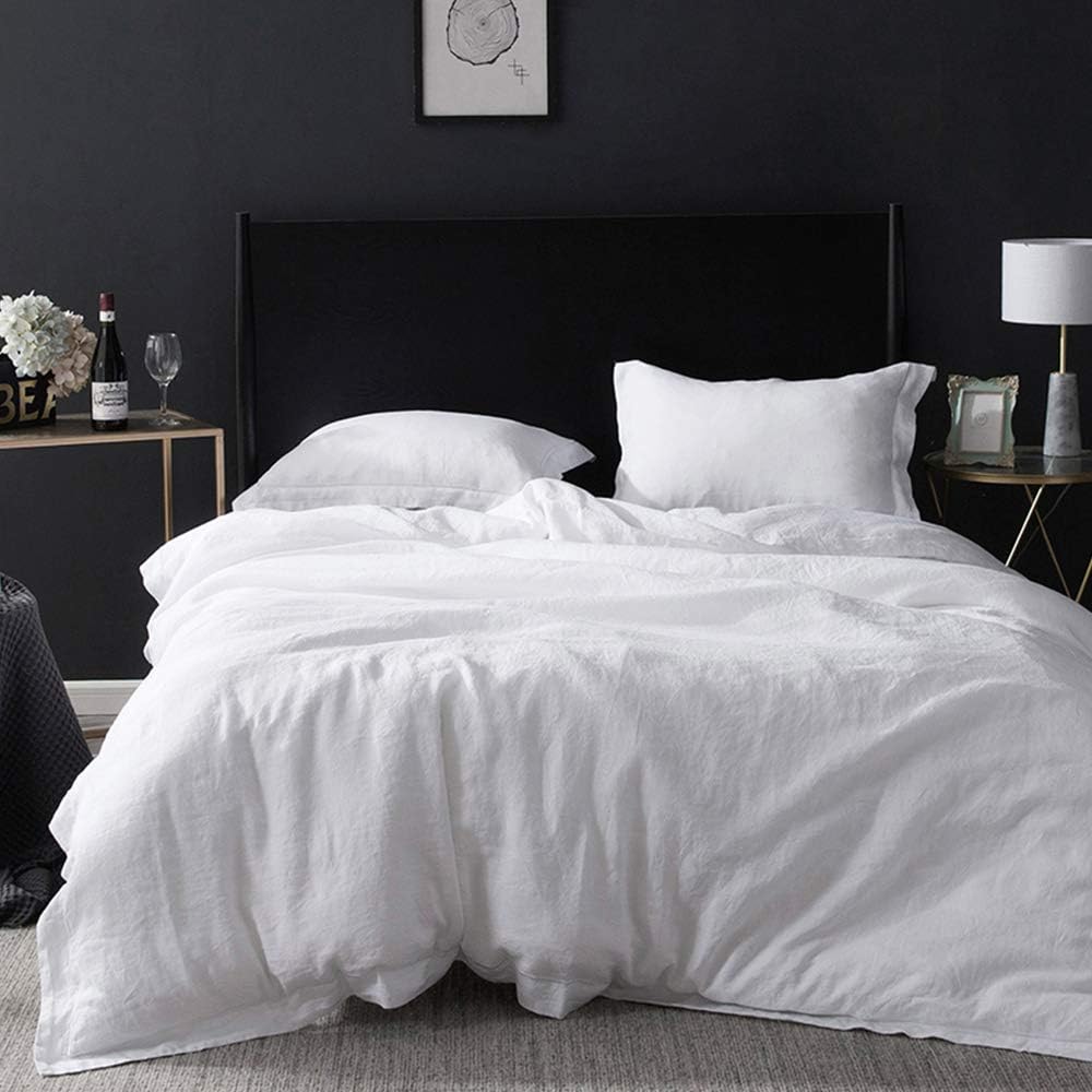 100% Linen Duvet Cover Set with Embroidery Border Washed - 3 Pieces (1 Duvet Cover with 2 Pillow Shams) with Button