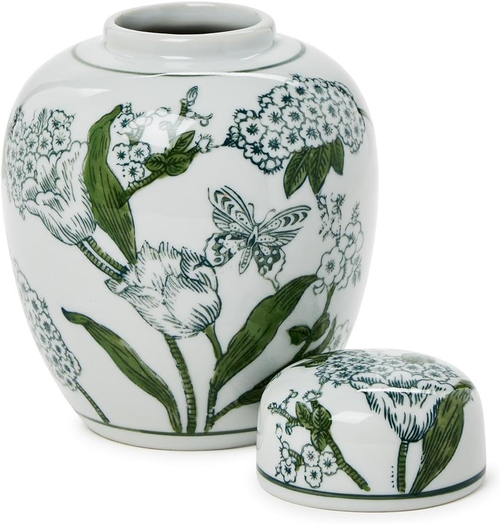 Primrose and Lotus Chinoiserie Ginger Jar with Lid, 7.5-Inch, Porcelain