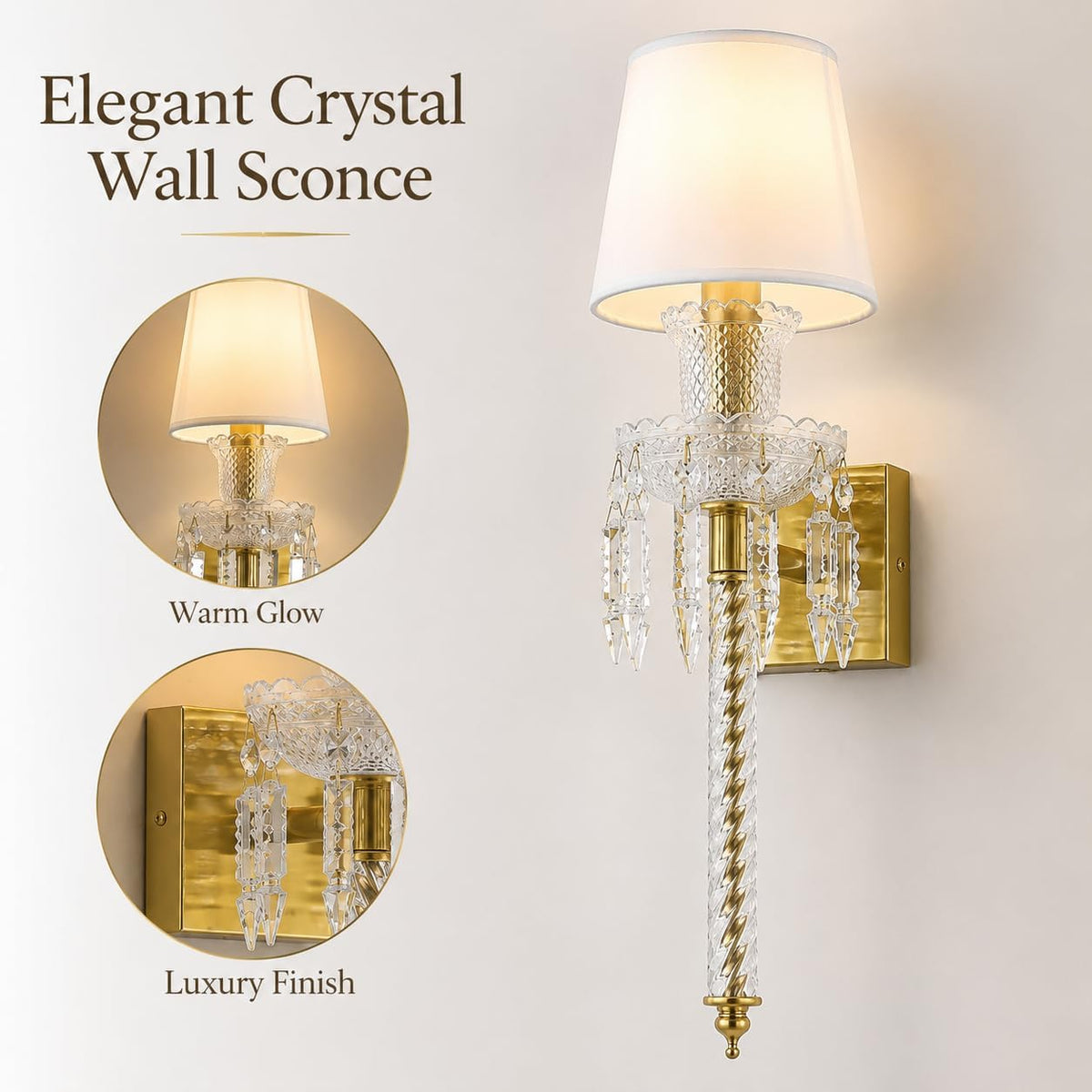 Modern Crystal Wall Sconce with Linen Shade Vintage Crystal Gold Wall Light Modern Glass Golden Wall Lamp for Bedroom, Hallway, Living Room, Mirror