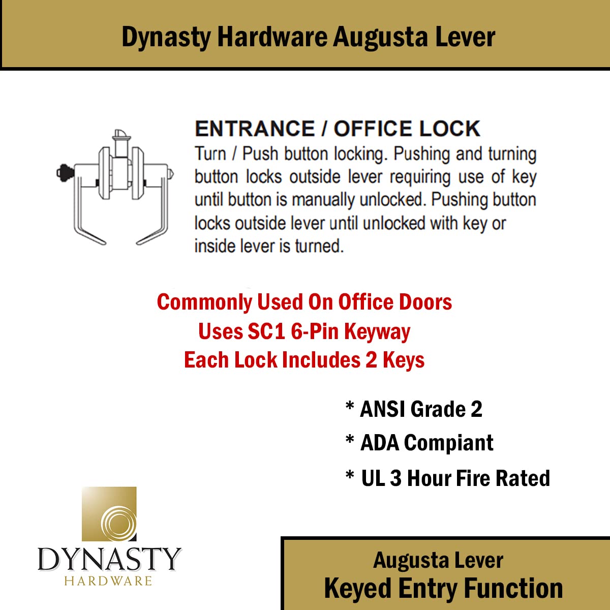 Augusta Office/Entry Lever Lockset, ADA, Grade 2, Satin Chrome