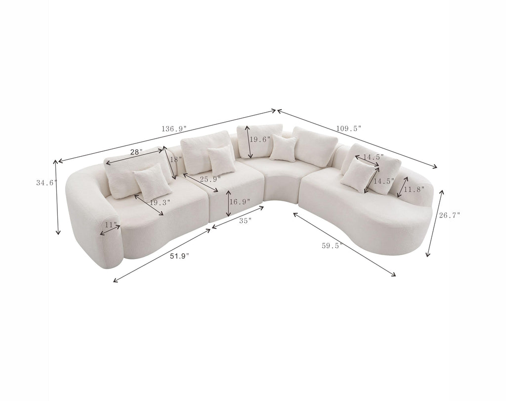 136.9" Curved Modular Boucle Sectional Sofa, 7 Seats, White