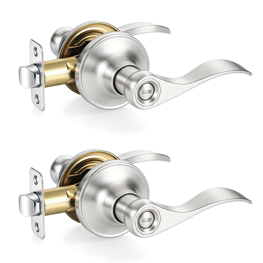 2 Pack Privacy Door Levers Interior Door Handles, Brushed Nickel Keyless Interior Door Knobs Locks , Heavy Duty Door