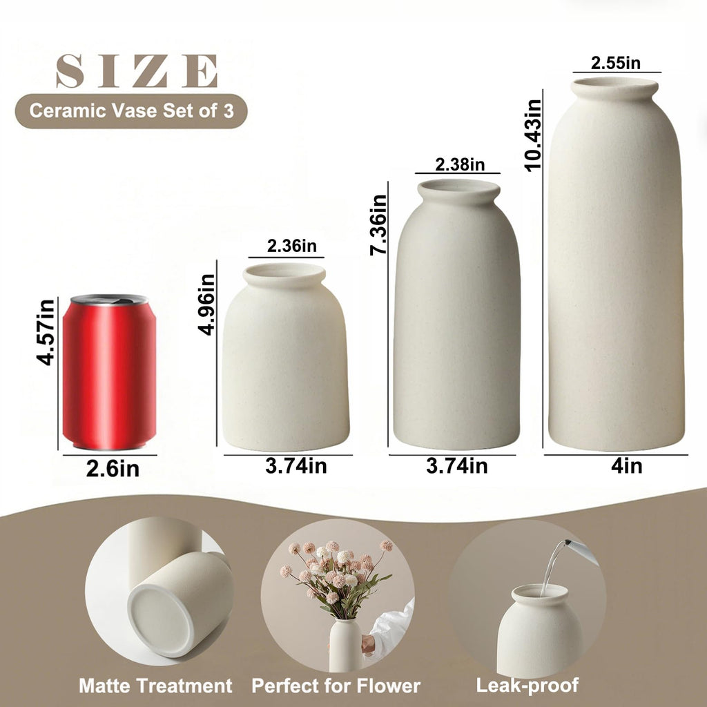 Ceramic Vase Set-3, Large Flower Vases for Decor, Modern Boho Farmhouse Style, 10.4 Inch Tall, 4 Inch Width, Beige