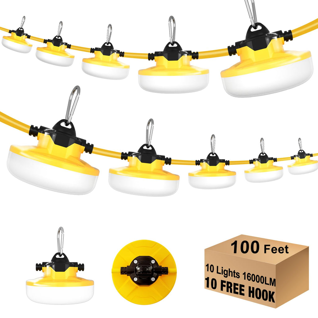 LED Construction String Light, 130W 16000Lm Industrial LED String Work Lights with 10 Bulbs, Linkable 5000K