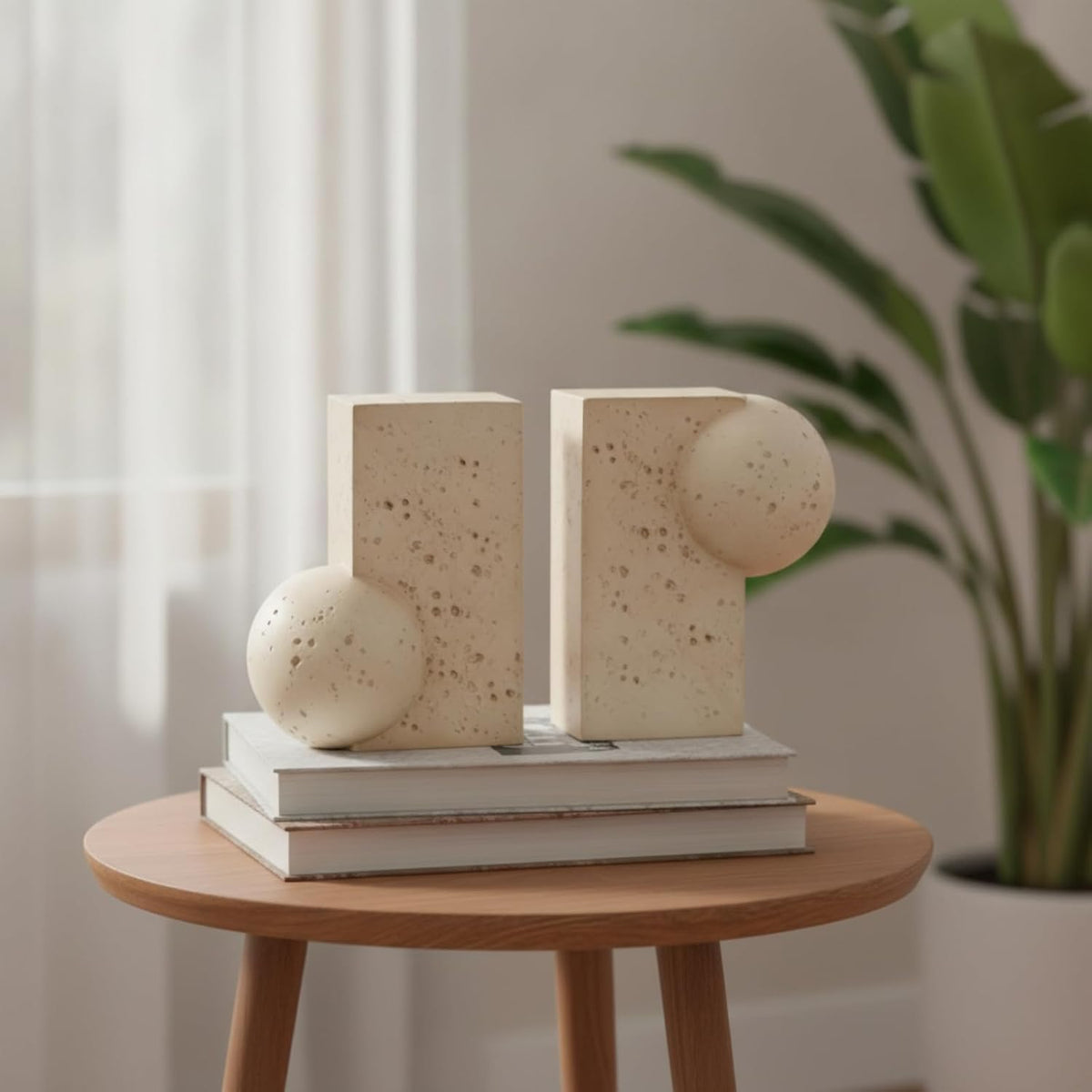 Sculptural Bookends Stone-Look Geometric Bookends Beige Decor for Study Desk