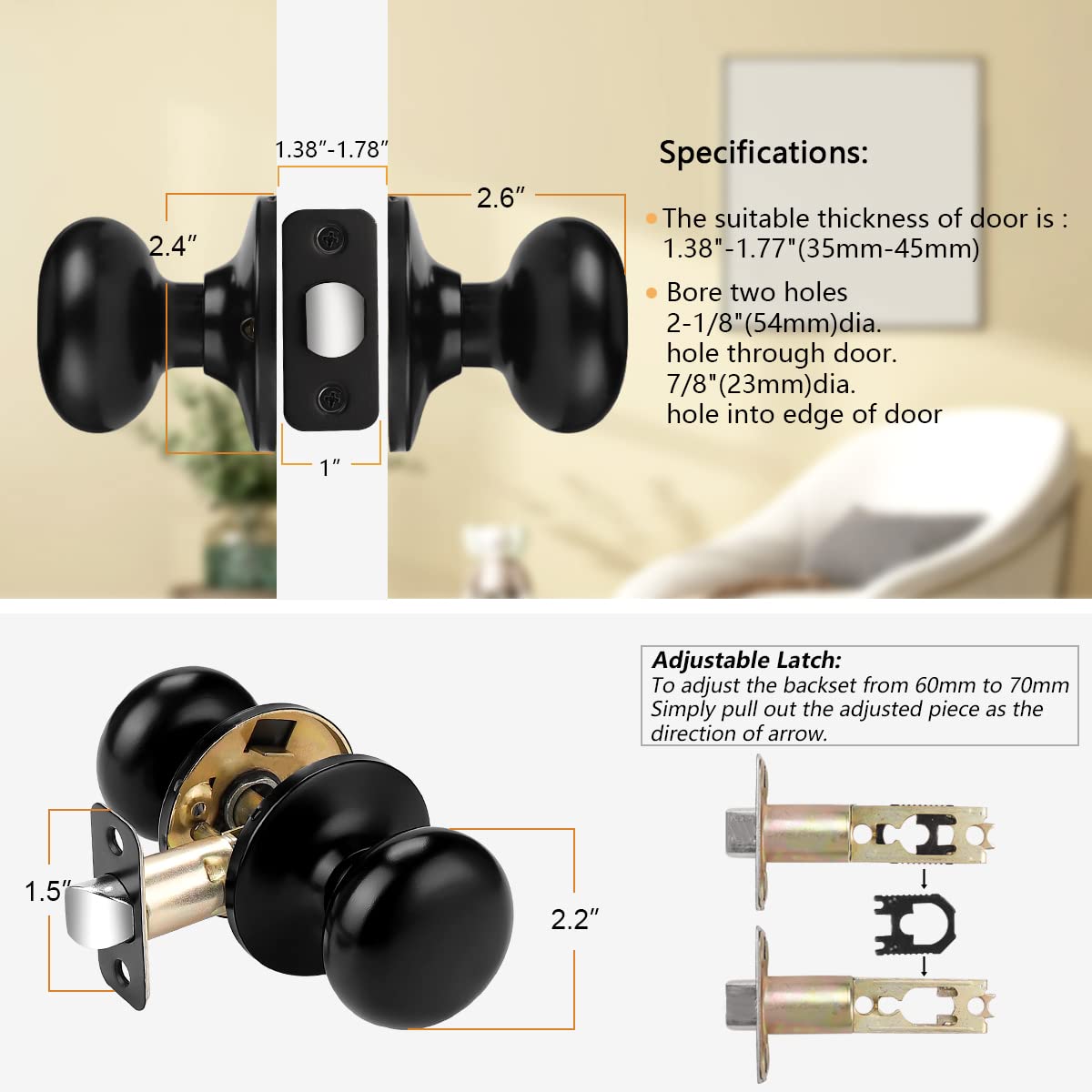 Door Knobs Interior, Passage Door Handles 10 Pack Matte Black Finish, Indoor Universible Levers for Closet Hallway