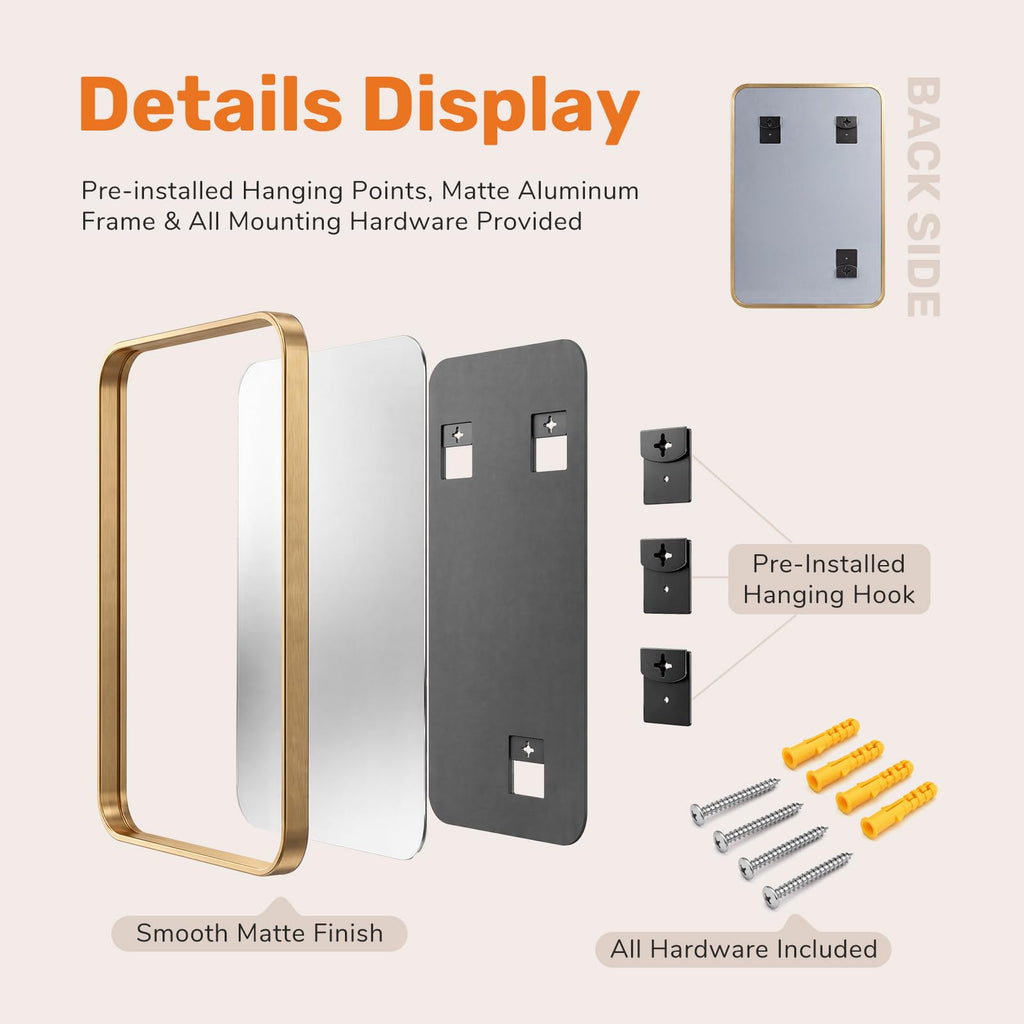 Bathroom Wall Mirror, 36x24 Inch Mirror for Over Sink, Gold