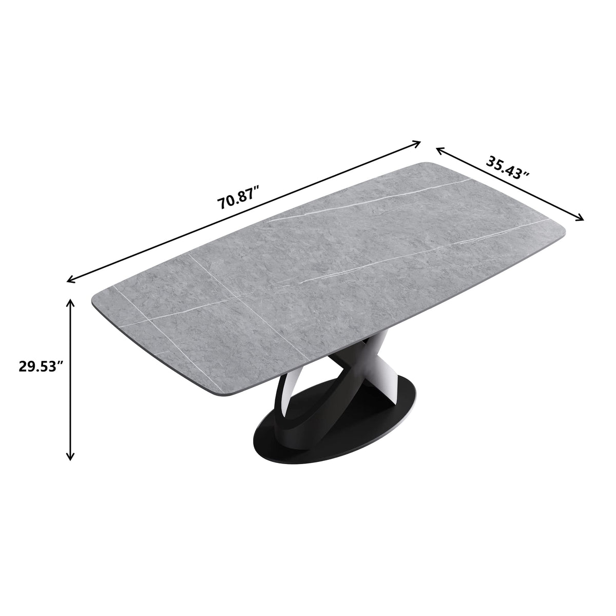 Modern Dining Table, Gray Sintered Stone Tabletop Dining Table with Black X-Shaped Solid Carbon Steel Base, 70.8"