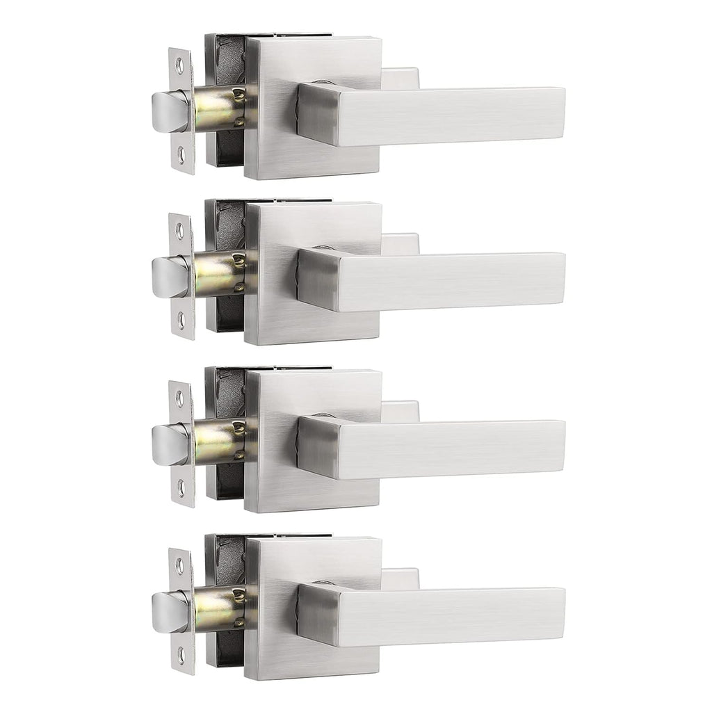 Square Brushed Nickel Passage Door Handles, Interior Non-Locking for Hall & Closet, Heavy Duty Zinc Alloy Reversible