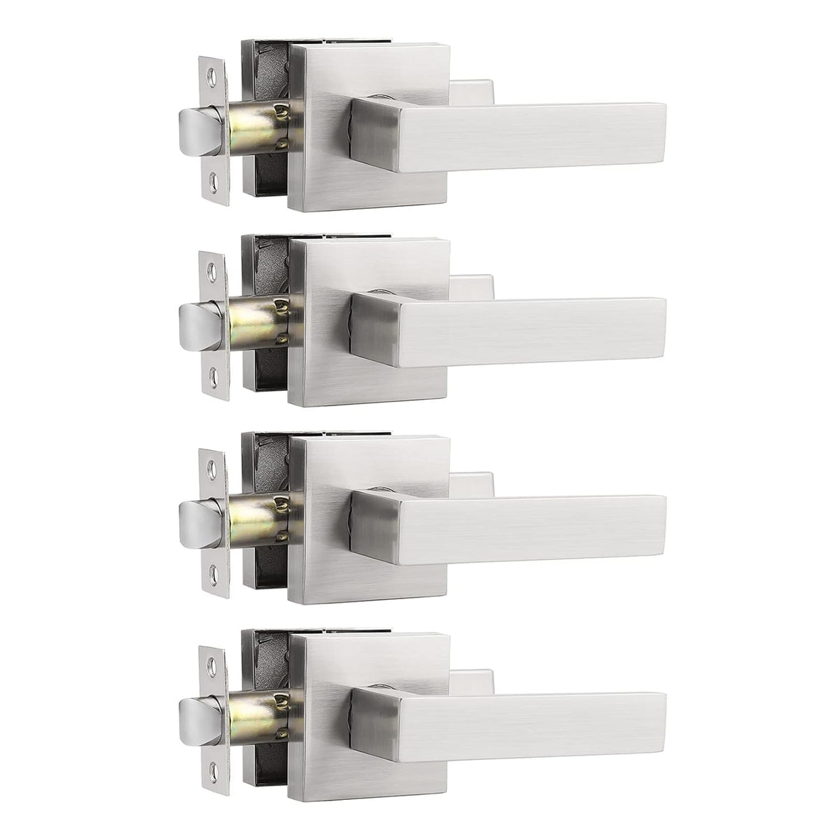 Square Brushed Nickel Passage Door Handles, Interior Non-Locking for Hall & Closet, Heavy Duty Zinc Alloy Reversible
