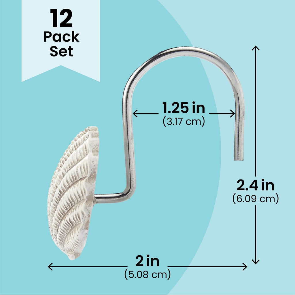 Seashell Shower Curtain Hooks - 12-Pack, Stainless Steel, 2 x 2.4 in, Mediterranean Style - Beach Theme & Coastal