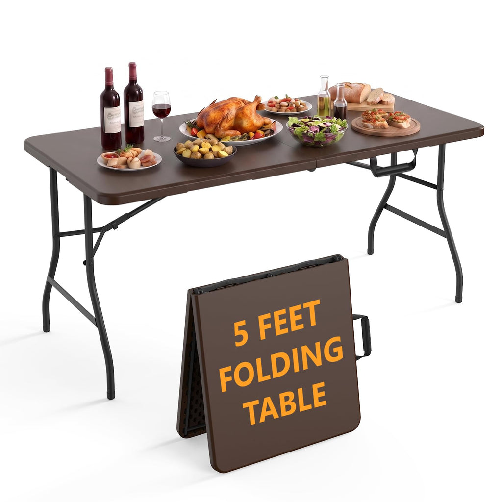 5 Foot Folding Table, Fold-in-Half Utility Table with Carrying Handle, 5FT Heavy Duty Portable Table for Party