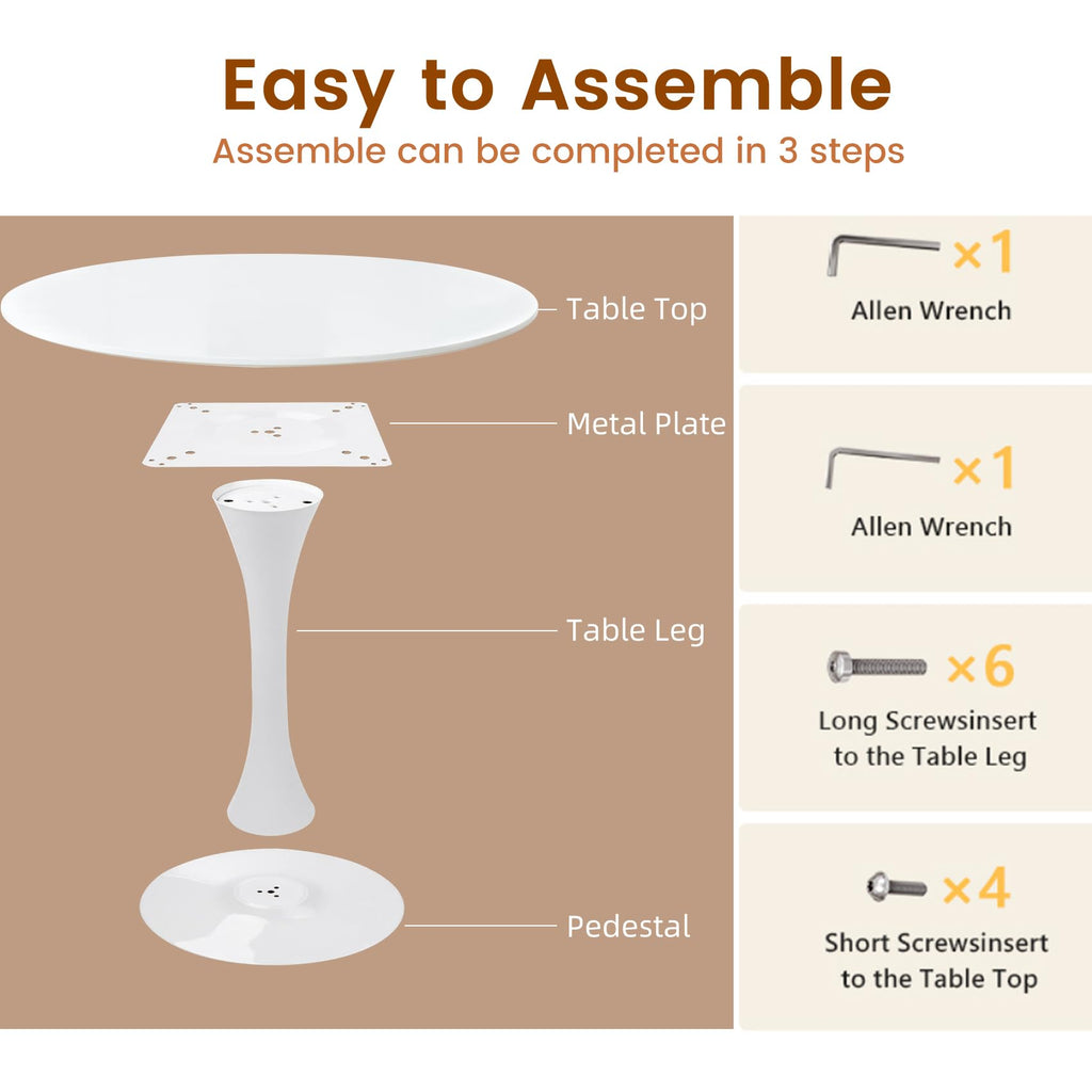 Inspired Saarinen Style Round Dining Tulip Table for 4, Mid-Century Modern Table with Sturdy Metal Pedestal, Bistro, Cafe, Leisure (White