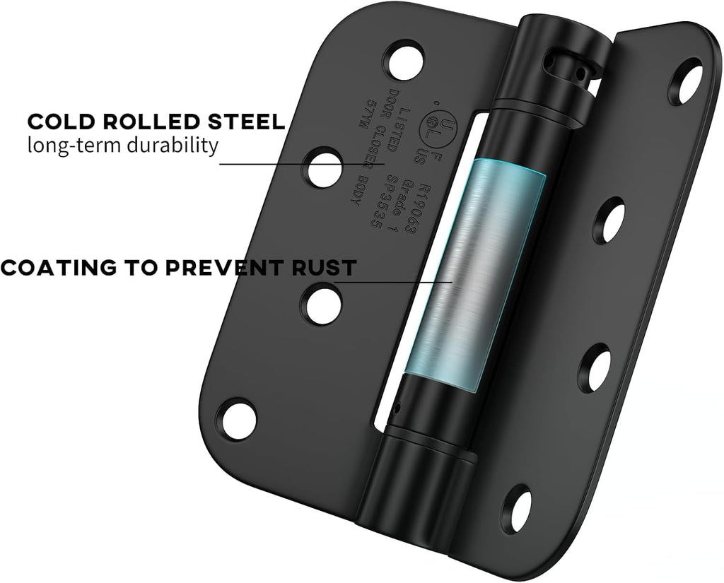 6 Pack Black Spring Door Hinges 4 Inch 5/8" Radius Corners