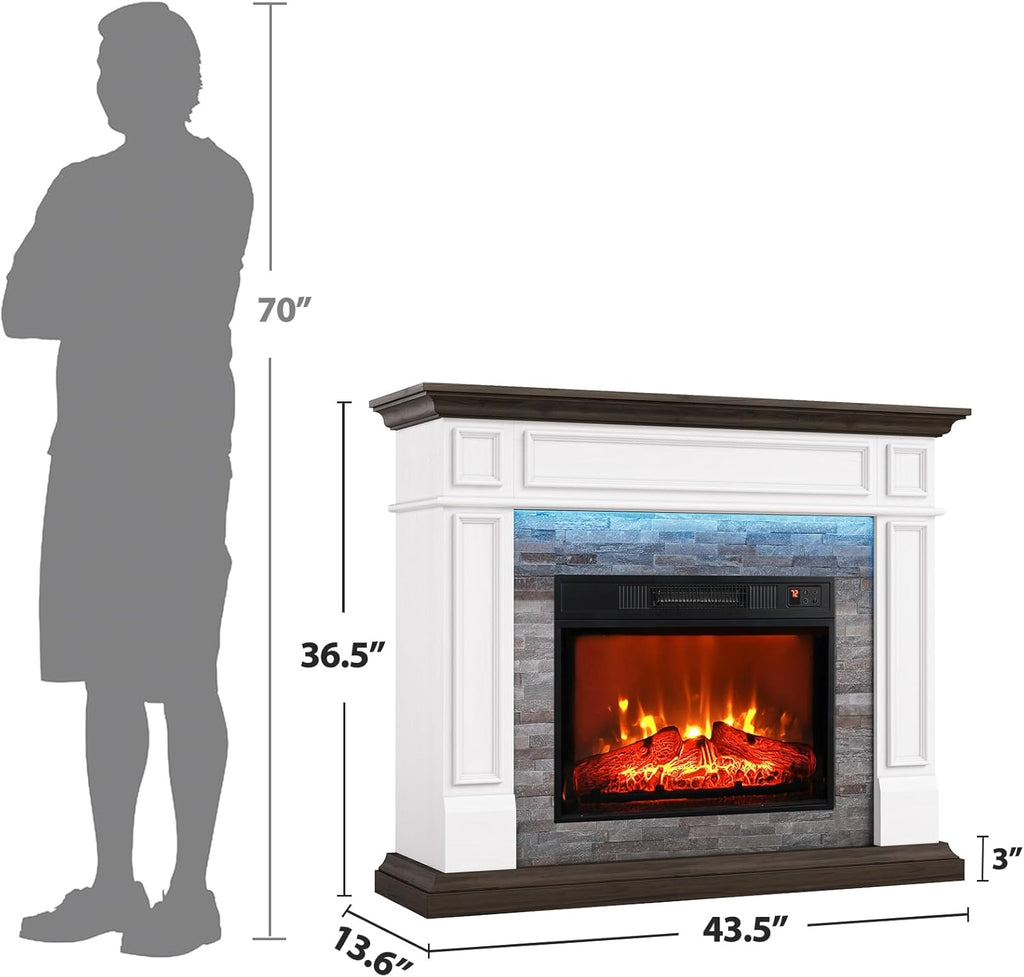 44 Inch Electric Fireplace Mantel TV Stand, Farmhouse Style Fireplace Heater with Stacked Stone Surround, 3D Realistic Flame and Remote Control, White