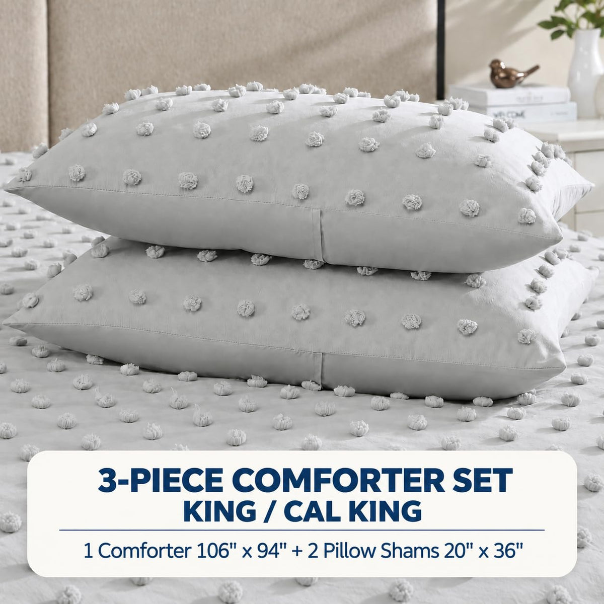 Home Comforter Set, Tufted Pom Poms, Gray