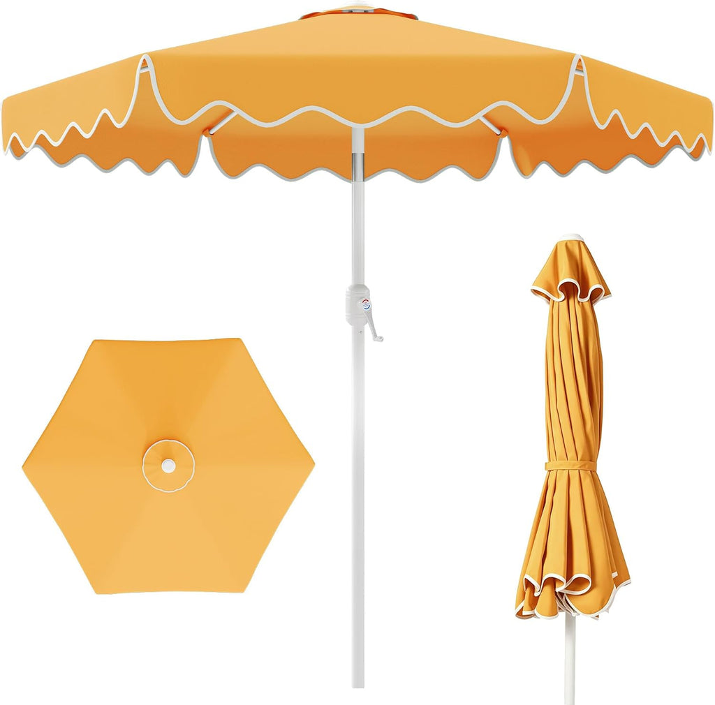 Patio Umbrella with Wavy Trim, UV-Fade-Resistant Canopy, Crank & Tilt - Mustard Yellow 9ft