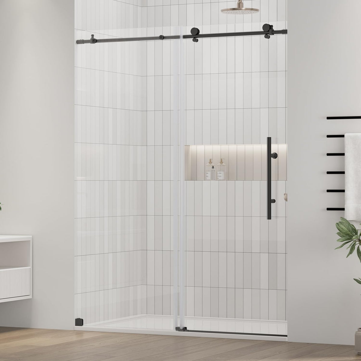 56-60" W x 72" H Frameless Shower Door, SGCC Certified & ANSI Standard Ultra-Clear Tempered Black Shower Door with PET Blastproof Film, Triple Leak-Proof System, Easy & Reversible Installation