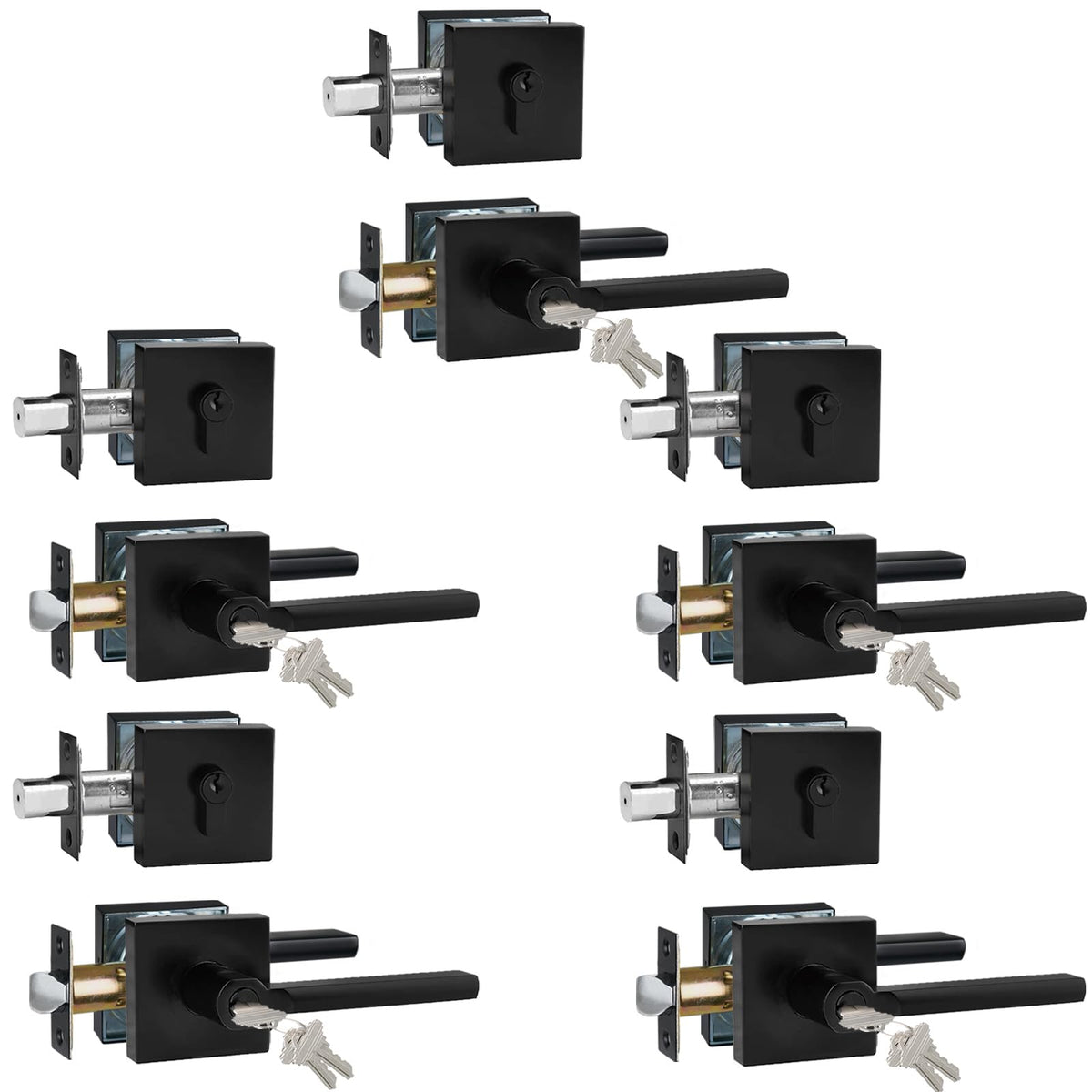 Keyed Entry Door Handle with Deadbolt, 5 Sets, Different Keys