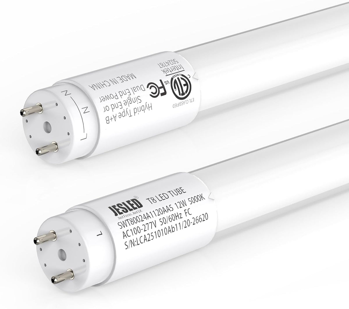 T8 LED Bulbs 4FT 12W 5000K, Type B Ballast Bypass, 2200LM, ETL