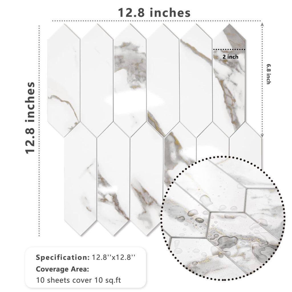 Glossy White Marble with Gold Veining Backsplash Tile Peel and Stick, 12.8 x 12.8 Inch 10 Sheets Long Hexagon PVC