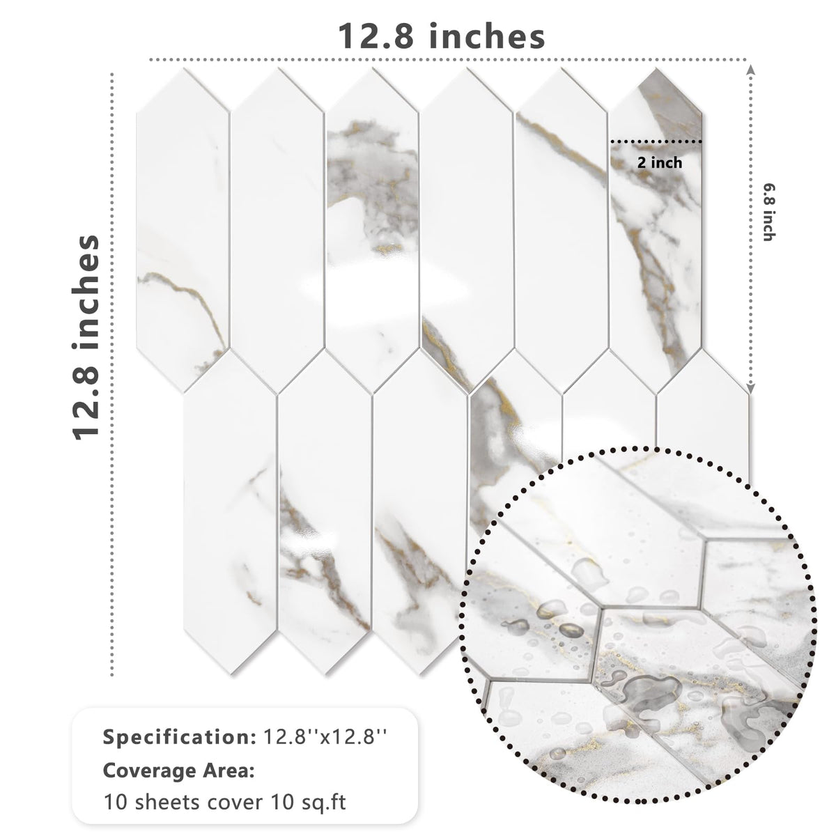 Glossy White Marble with Gold Veining Backsplash Tile Peel and Stick, 12.8 x 12.8 Inch 10 Sheets Long Hexagon PVC