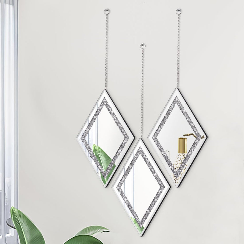 Silver Diamond Shaped Wall Mirror Set of 3, Decorative Crystal Crush Diamond Mirrors Decor