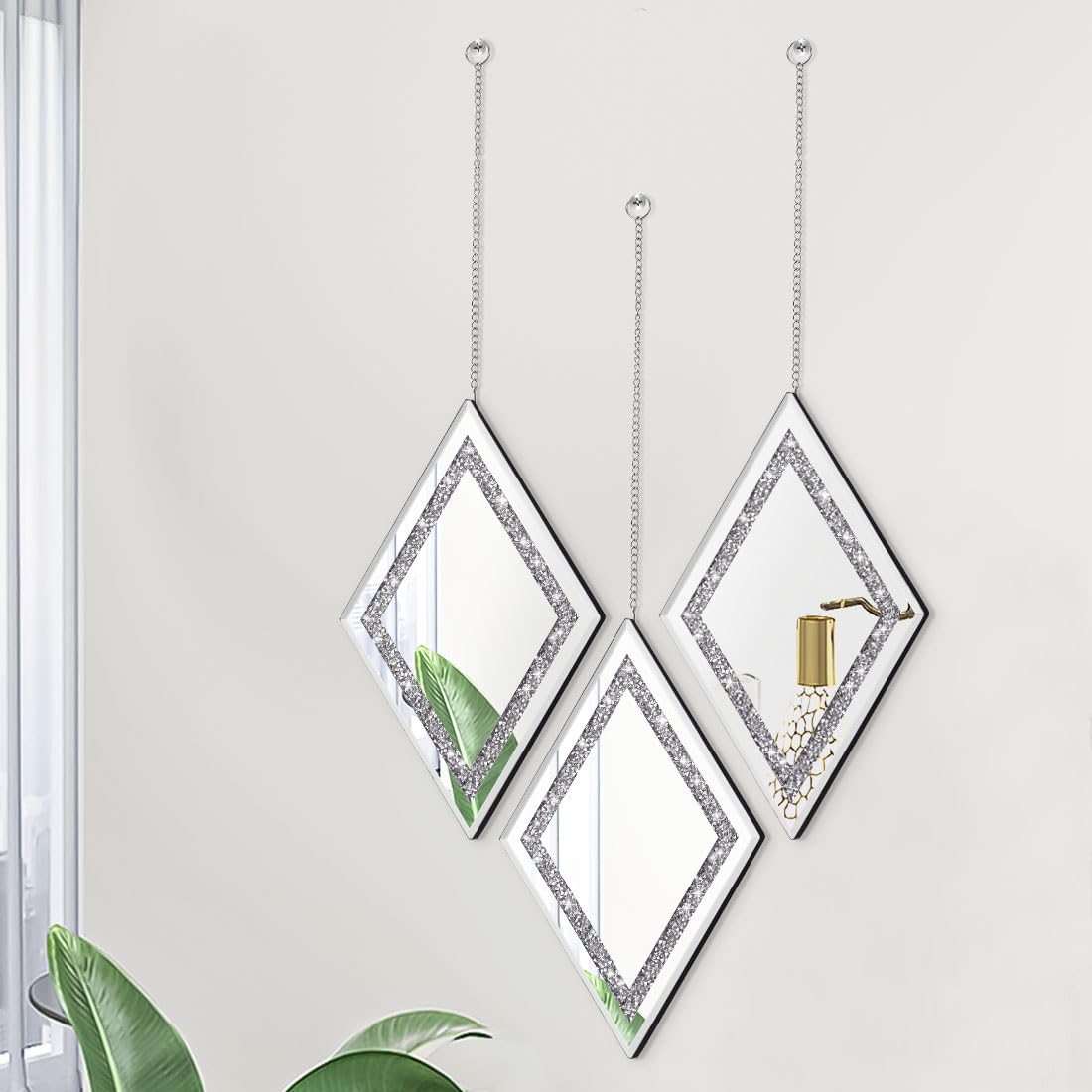 Silver Diamond Shaped Wall Mirror Set of 3, Decorative Crystal Crush Diamond Mirrors Decor
