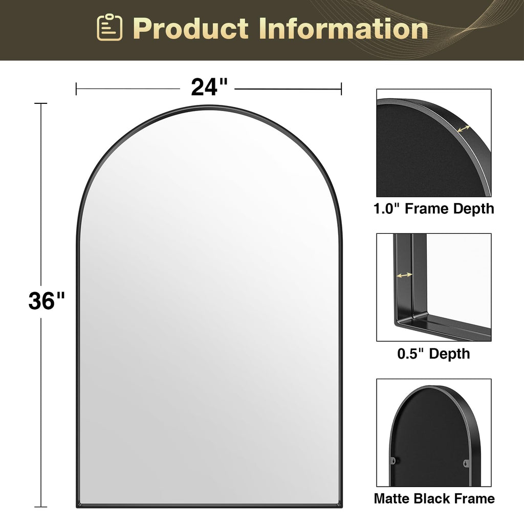 Black Arched Mirror, Arched Bathroom Mirror, 24 x 36 Inch Black Arch Mirror, Metal Frame Wall Mirror, Arched Top
