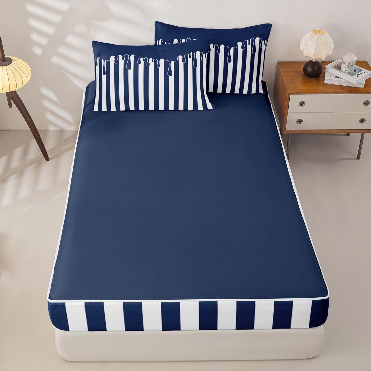 Dark Blue Striped Zipper Bedding Stripe Drip Zip Up Bedding Set for Adults Couples, Neutral Modern Abstract