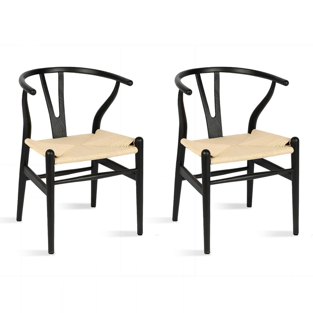 Wishbone Dining Chairs Set of 2 (Black Frame + Natural Cord)