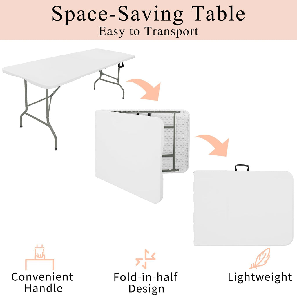 Set of 2 Folding Tables with Carrying Handle Lightweight 6FT Rectangular Portable Plastic Camping Table Steel Legs