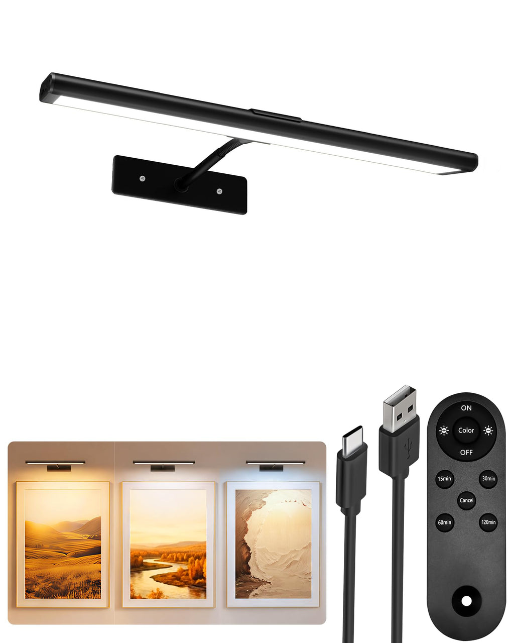 Picture Light for Wall, 13'' Black Rechargeable Wireless Lights