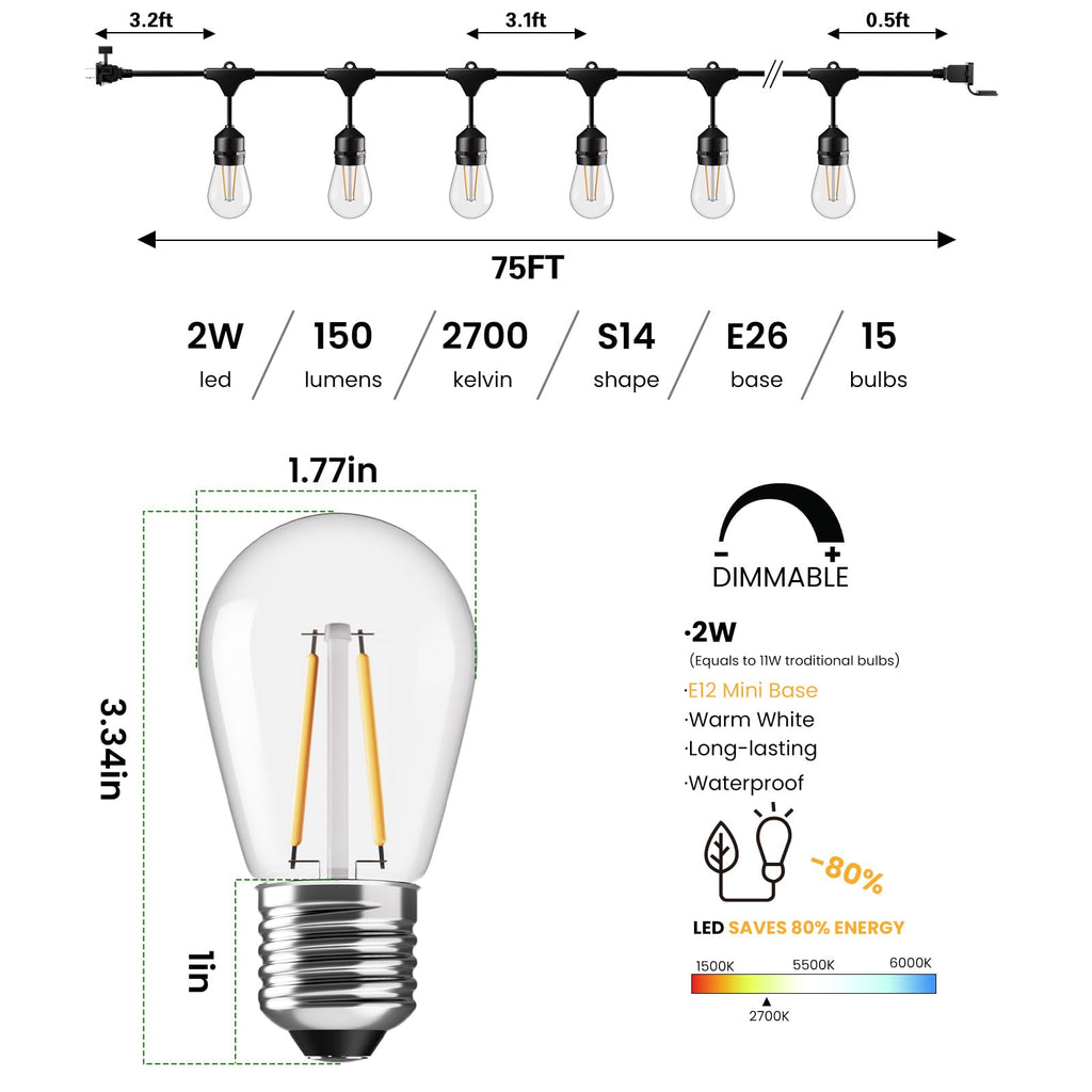 75 FT Outdoor String Lights 2W S14 LED Commercial Grade Waterproof