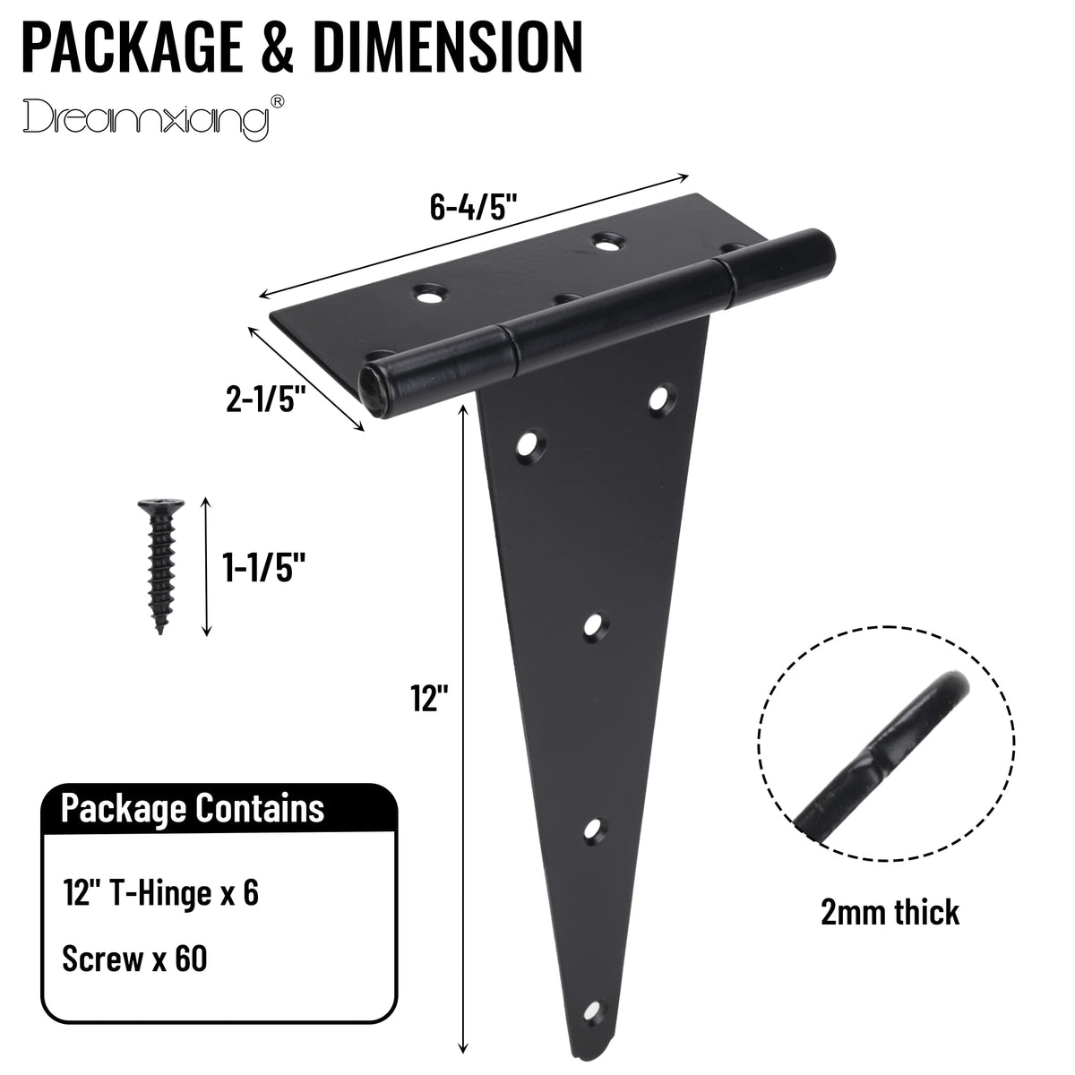 12 Inch T-Strap Gate Hinges, Heavy Duty Shed Barn Door Hinges, Black Tee Hinges for Wooden Fence, Yard Gate, Wrought