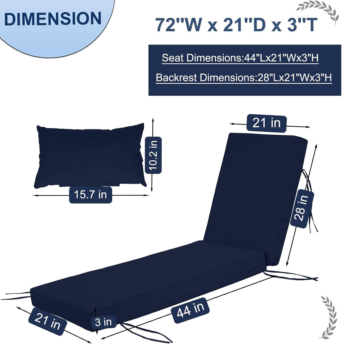 Outdoor Chaise Lounge Cushions Set of 2, Waterproof Fade Resistant Patio Lounger Cushion with Removable Cover