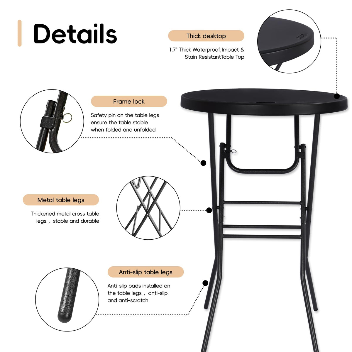Cocktail Table 28in Bar Height Folding High Top Table Black