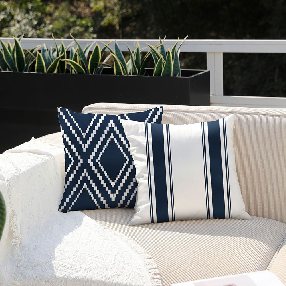 Outdoor Navy Blue Waterproof Geometry Pillow Covers 18x18 Set of 4