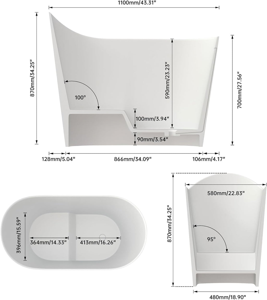43" Premium Japanese Solid Surface Free Standing Bathtubs, Unique Small Matte White Stone Resin Soaking Tub with Pop-up Drain