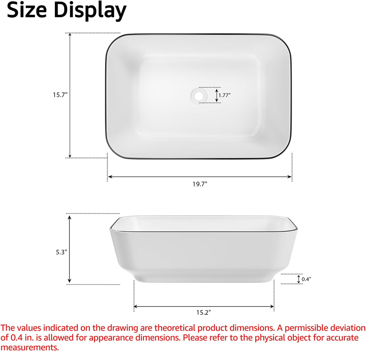 Bathroom Vessel Sink Rectangle Above Counter Porcelain Ceramic Sink Top Mount Rectanglar Countertop Sink for Bathroom 19.7"x15.2"x5.4" Glossy White with Black Rim