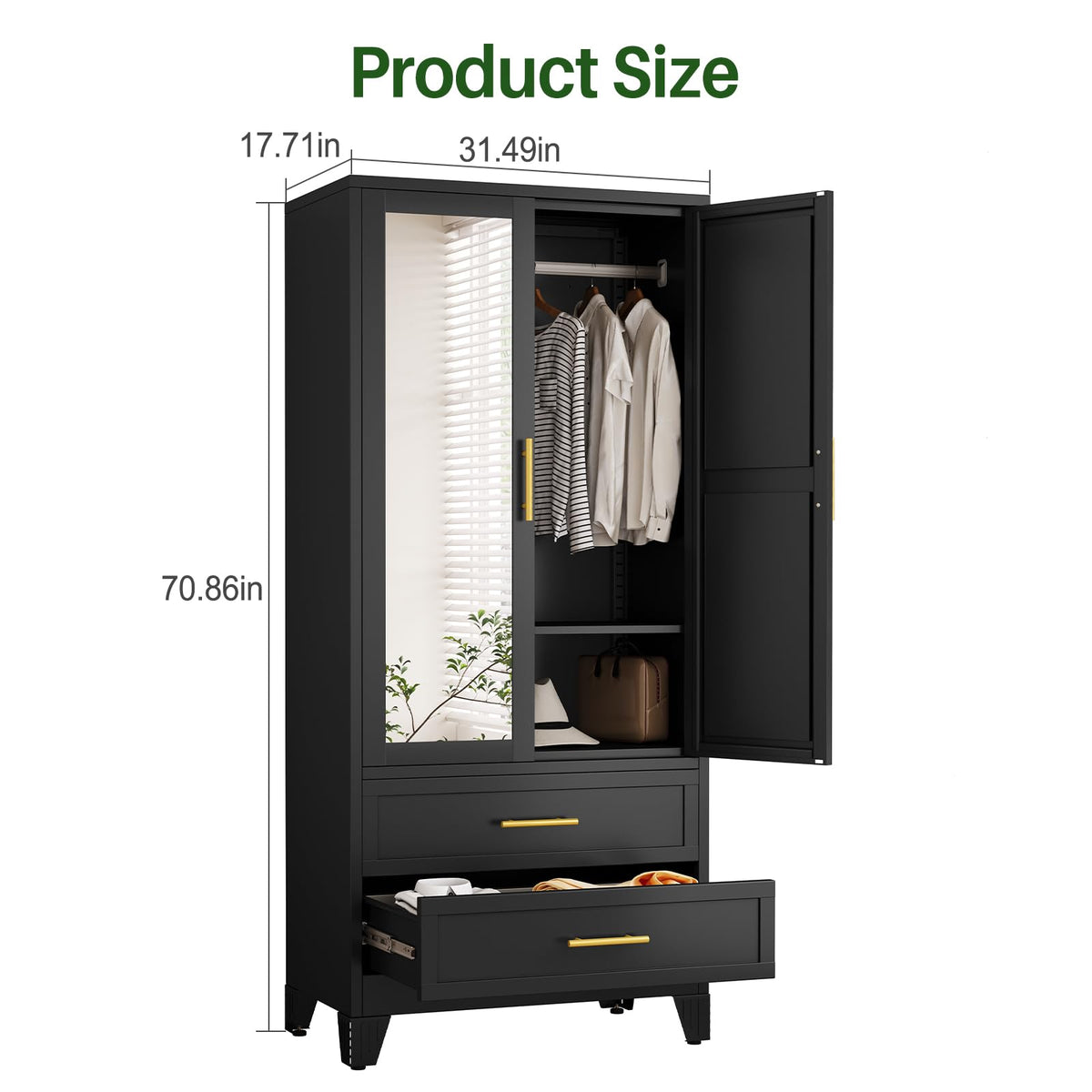 Metal Armoire Wardrobe, 71" Tall Bedroom Closet with Mirror and 2 Drawers