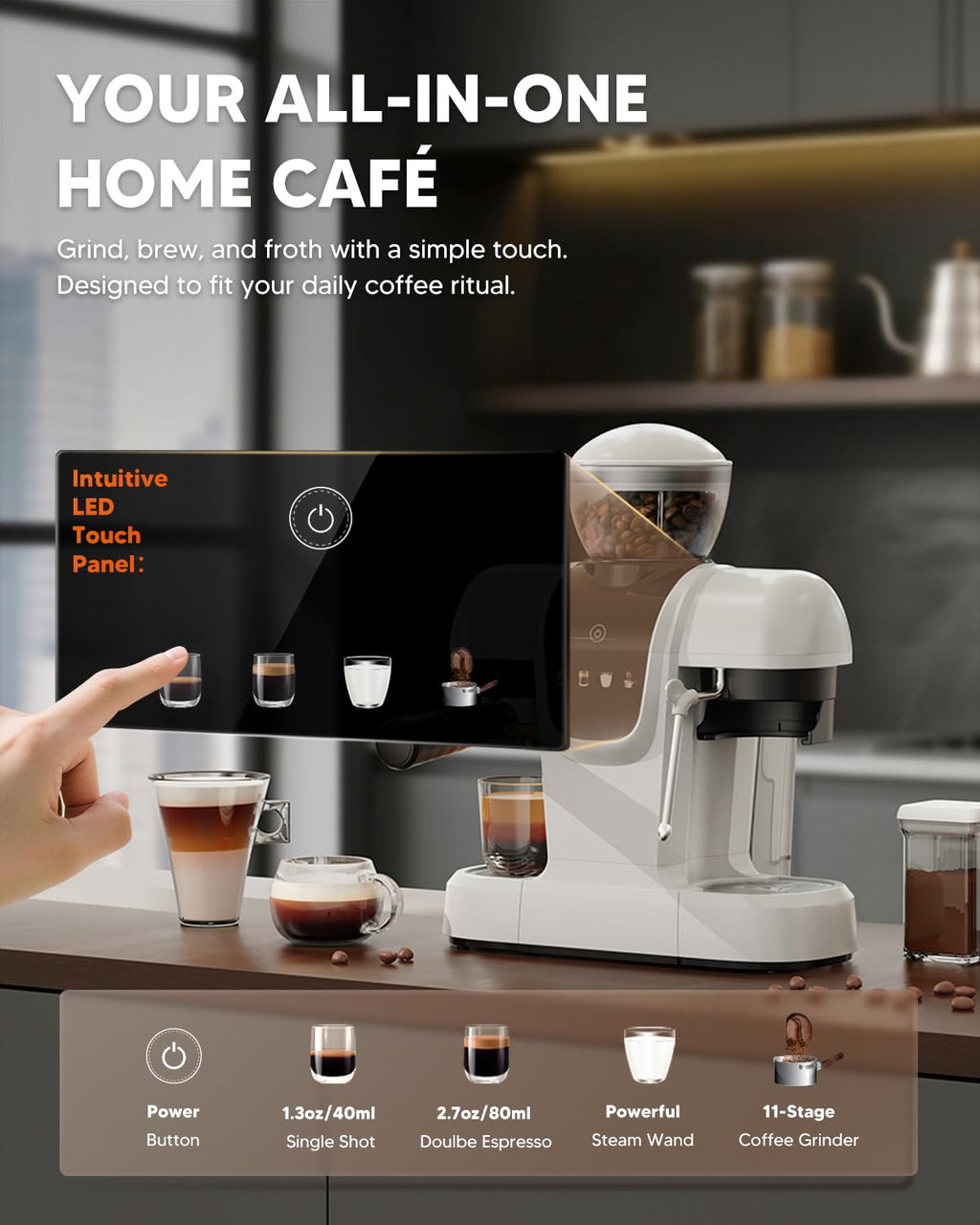 Semi-Automatic Espresso Machine with Grinder & Steam Wand,White