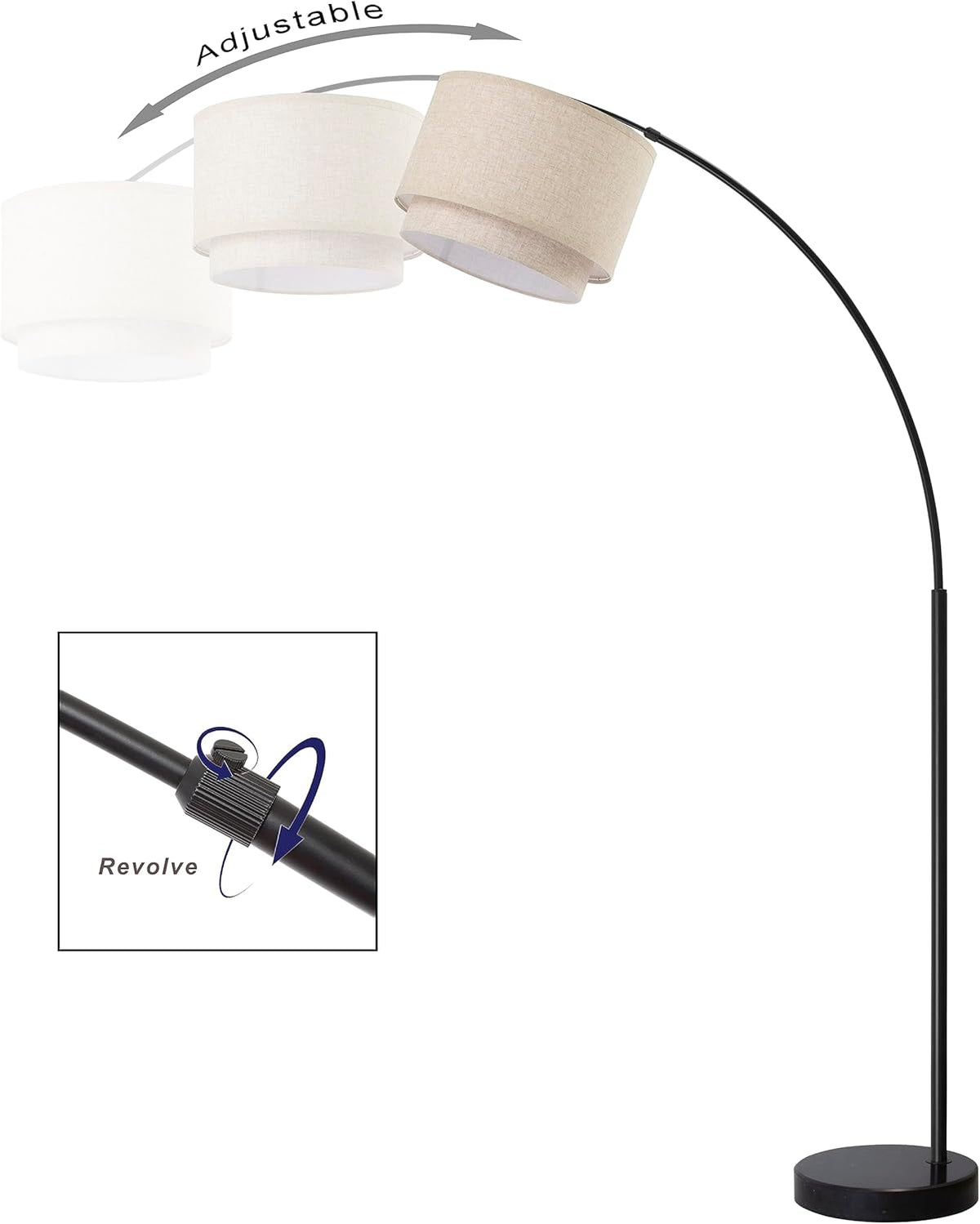 Modern Arcing Floor Lamp - Tall Stand Up Arching Drum Shade - Large Contemporary Floor Lamps and Bedrooms