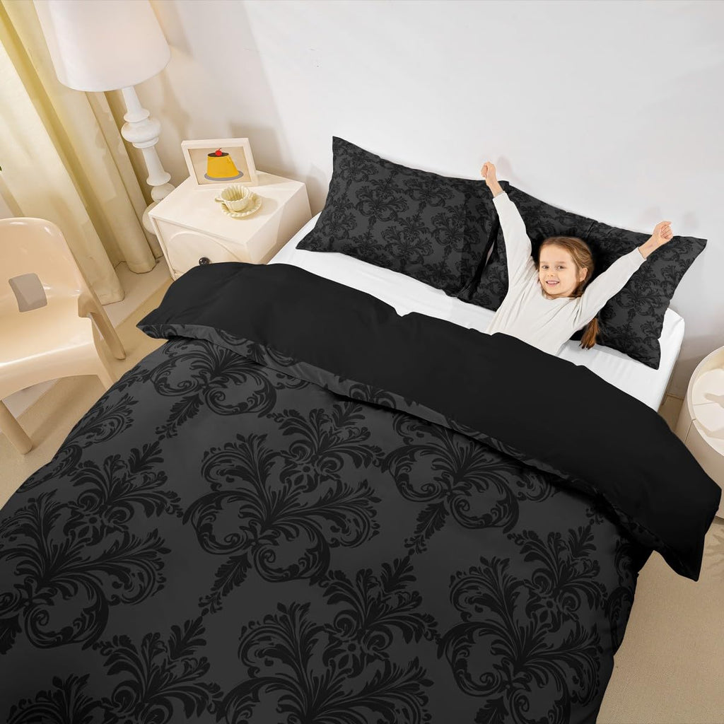 Grey Black Damask Duvet Cover Set, Gothic Vintage Damask Floral Bedding Set 3pcs, Antique Victorian