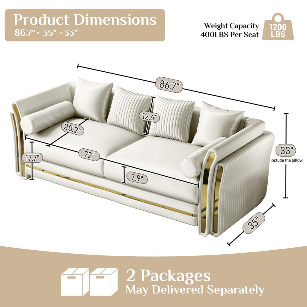 86.7" Chesterfield Sofa Luxury White and Gold Couch, White