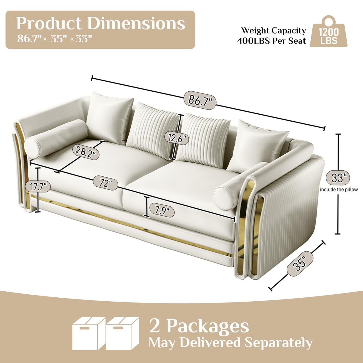 86.7" Chesterfield Sofa Luxury White and Gold Couch, White