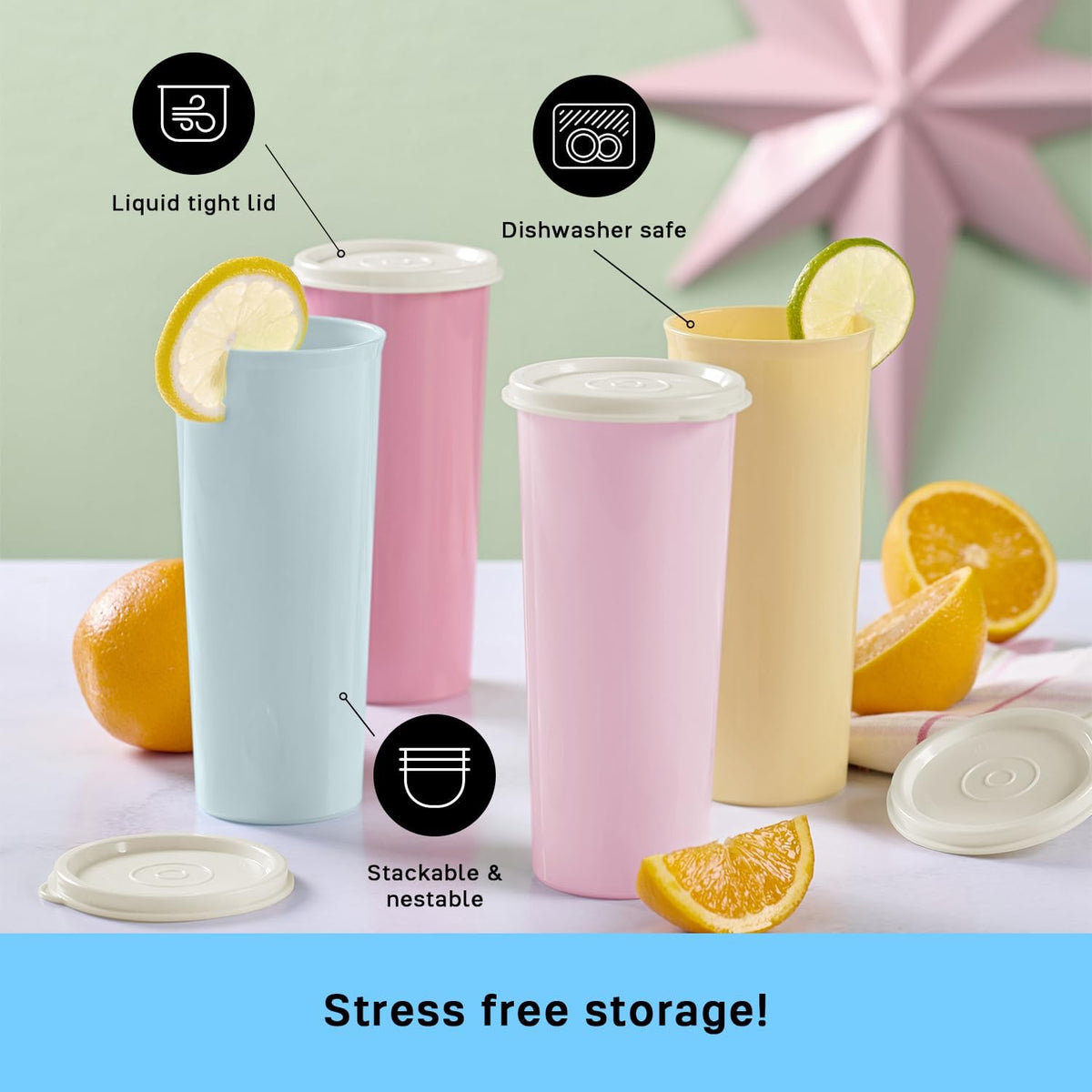 Tumbler Set in Multicolor, 12 Count, Dishwasher Safe and BPA Free (12 Tumblers, 12 Lids, 16 fl oz each)
