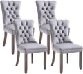 Velvet Dining Chairs Set of 4, Tufted Upholstered Chairs with Nailhead Back and Ring Pull, Solid Wood Legs, Light Grey