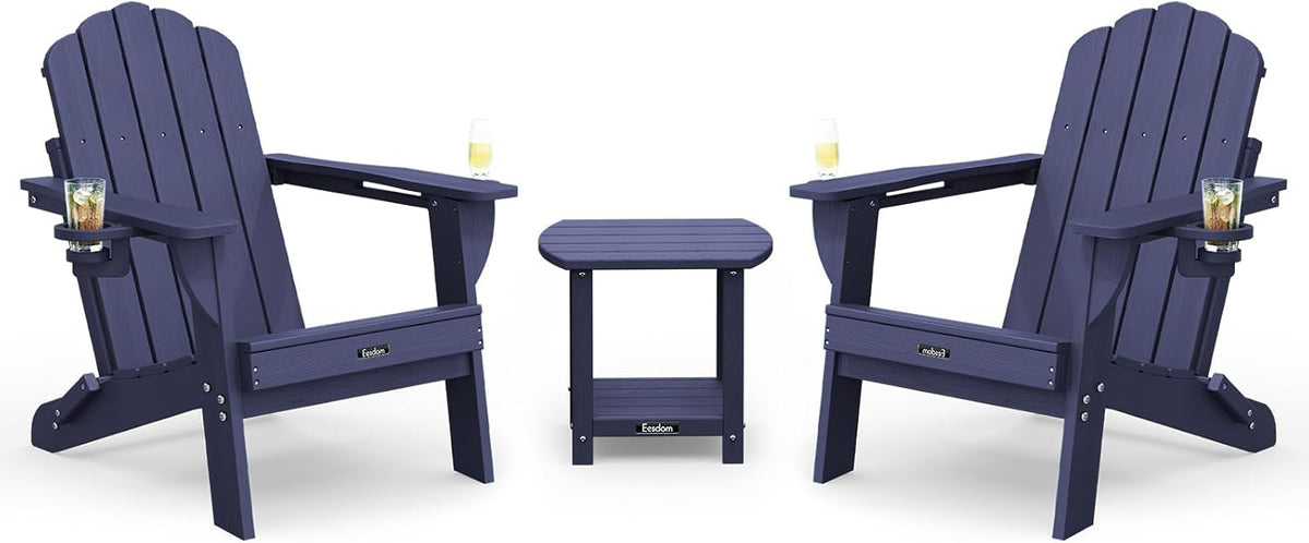 Folding Adirondack Chair 3-Piece Set with Wood Grain, HDPE Adirondack Chair with Side Table & Cup Holders, 380lb